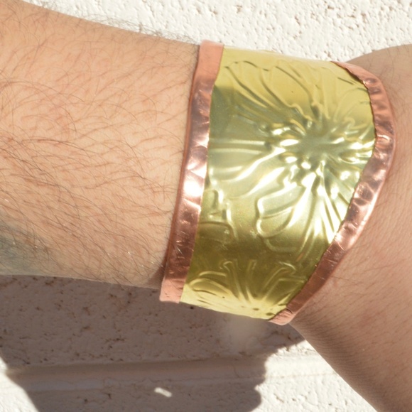 Rustic Brass Copper Cuff Bracelet Wide Floral Cowboy Gift Unisex Rustic Handmade - Picture 5 of 12
